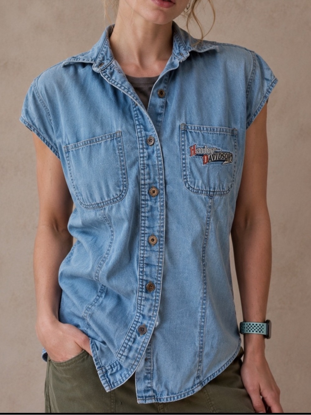 Vintage Harley Davidson Cotton Denim Biker Short Sleeve Top Sz Large